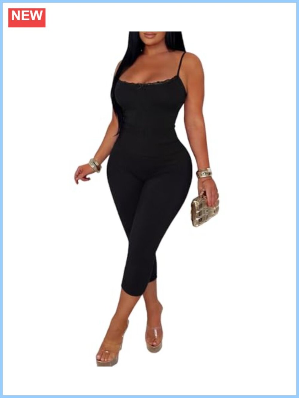 Women 2 Piece Outfit Spaghetti Strap Lace Trim Top Capri Pants Set